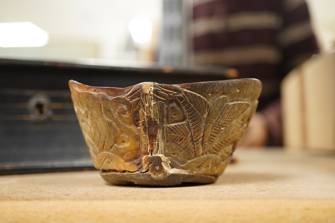 A Japanese lacquer box and a horn carving, box 30cm wide
